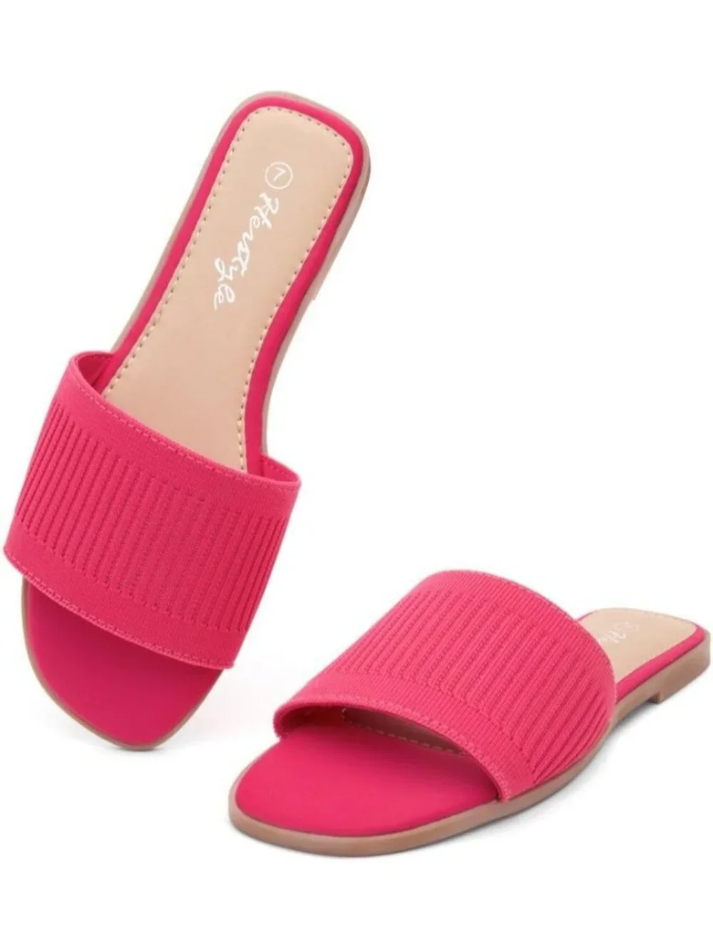 Women's Fuchsiakn Knit Slides Flats Square Open Toe Slip On Dressy Summer Shoes